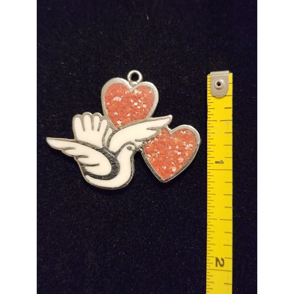 Vintage G&S Dove Pendant Pewter Coral Inlay Hearts Peace Love ©93